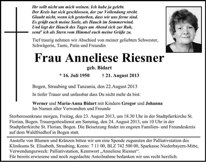 Traueranzeige Anneliese Riesler