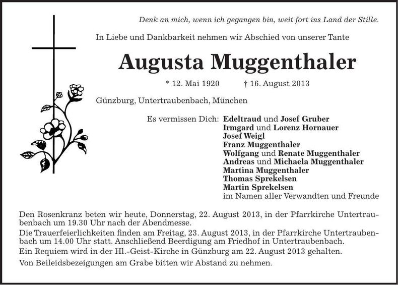 Traueranzeige Augusta Muggenthaler