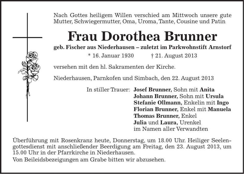 Traueranzeige Dorothea Brunner