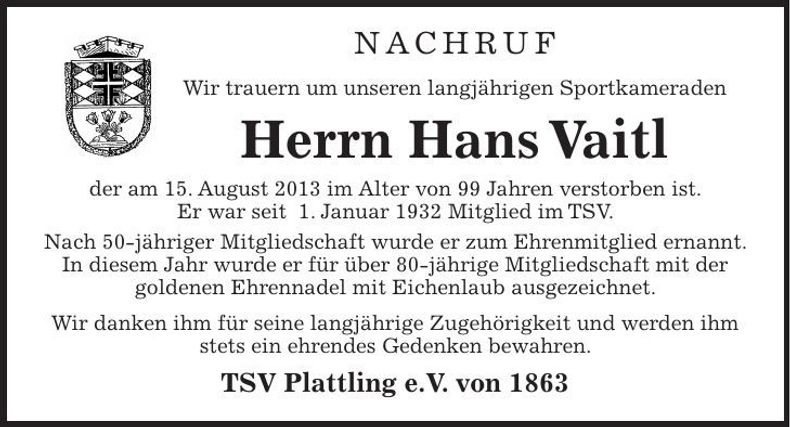 Traueranzeige Hans Vaitl