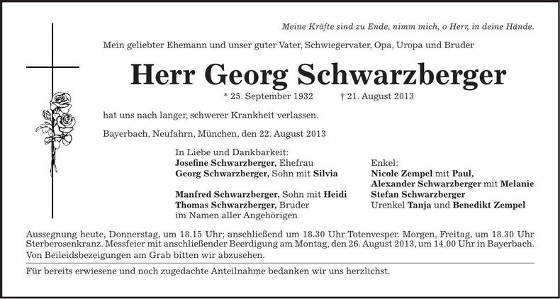 Traueranzeige Georg Schwarzenberger