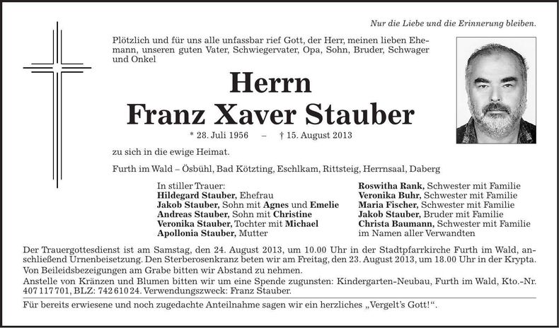 Traueranzeige Franz Xaver Stauber