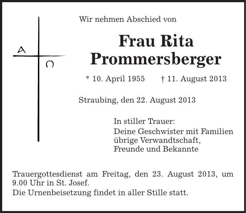 Traueranzeige Rita Prommersberger
