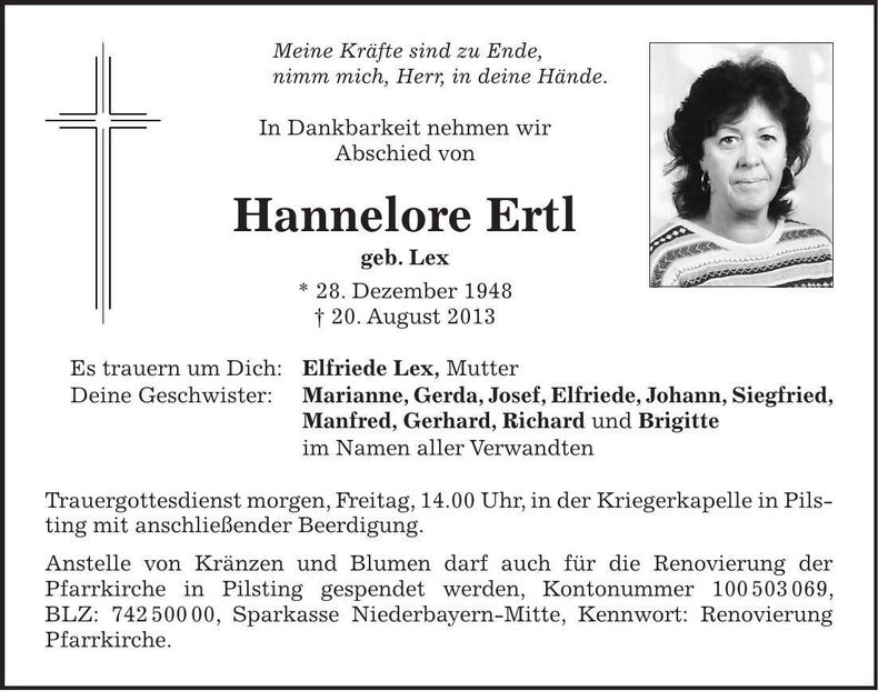 Traueranzeige Hannelore Ertl
