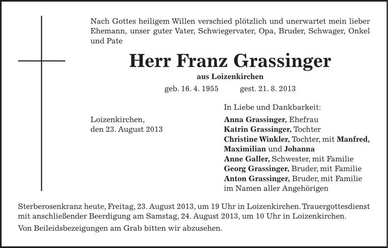 Traueranzeige Grassinger Franz