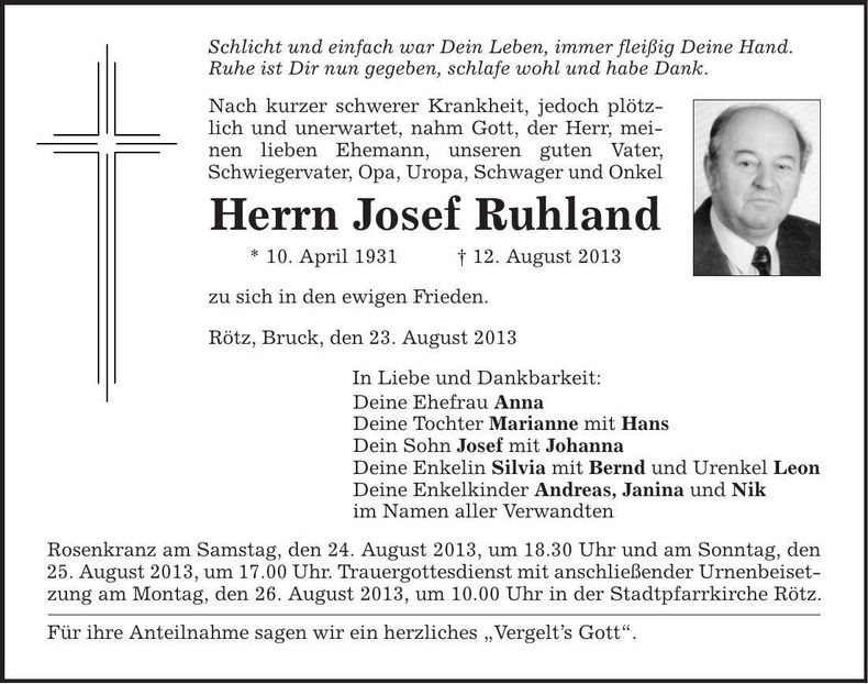 Traueranzeige Josef Ruhland