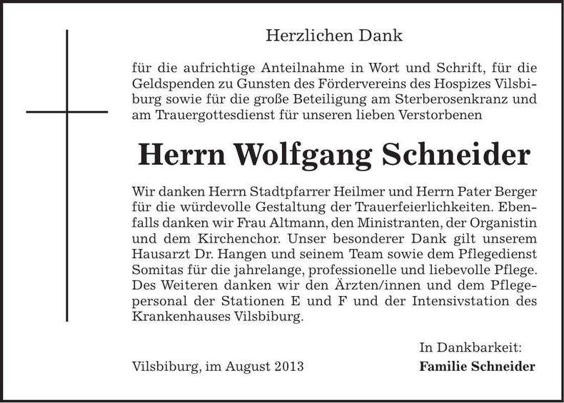 Traueranzeige Wolfgang Schneider