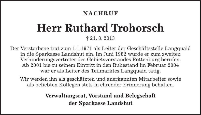 Traueranzeige Ruthard Trohorsch