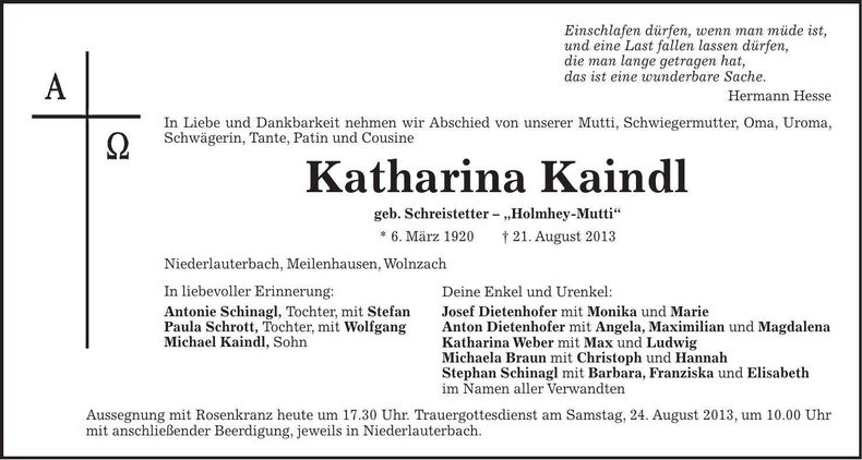 Traueranzeige Katharina Kaindl