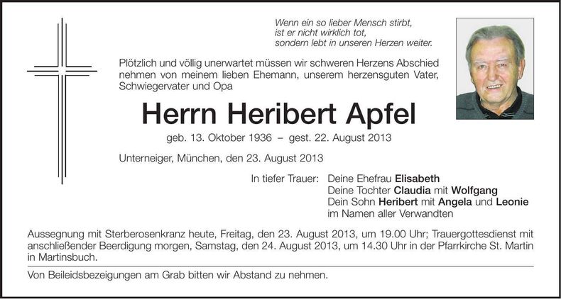 Traueranzeige Heribert Apfel