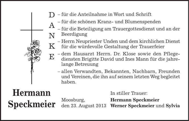 Traueranzeige Hermann Speckmeier