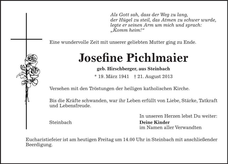 Traueranzeige Josefine Pichlmaier
