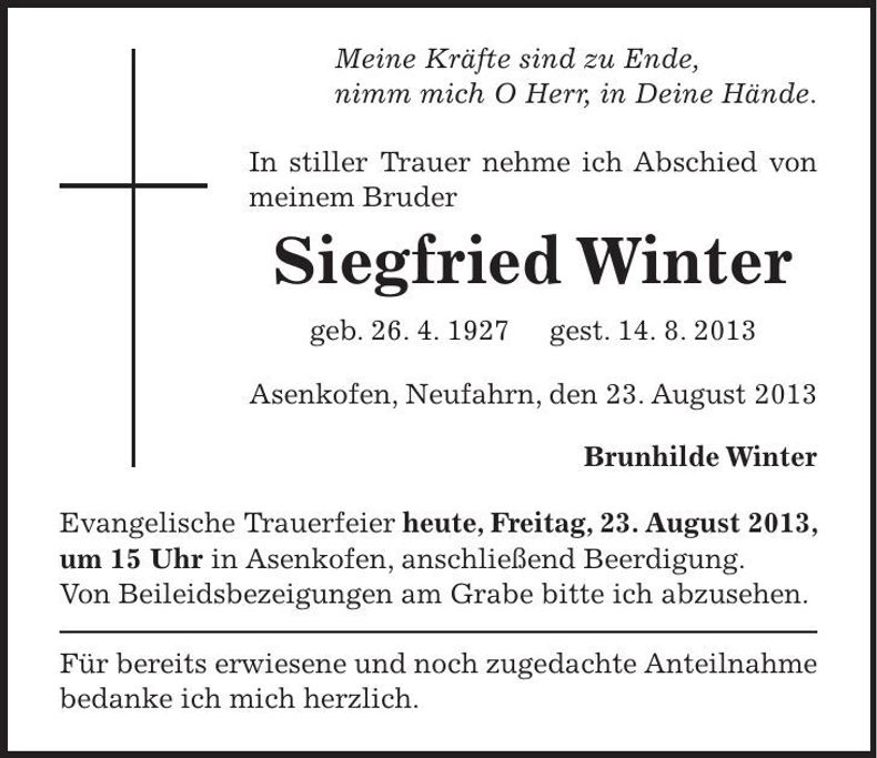 Traueranzeige Siegfried Winter