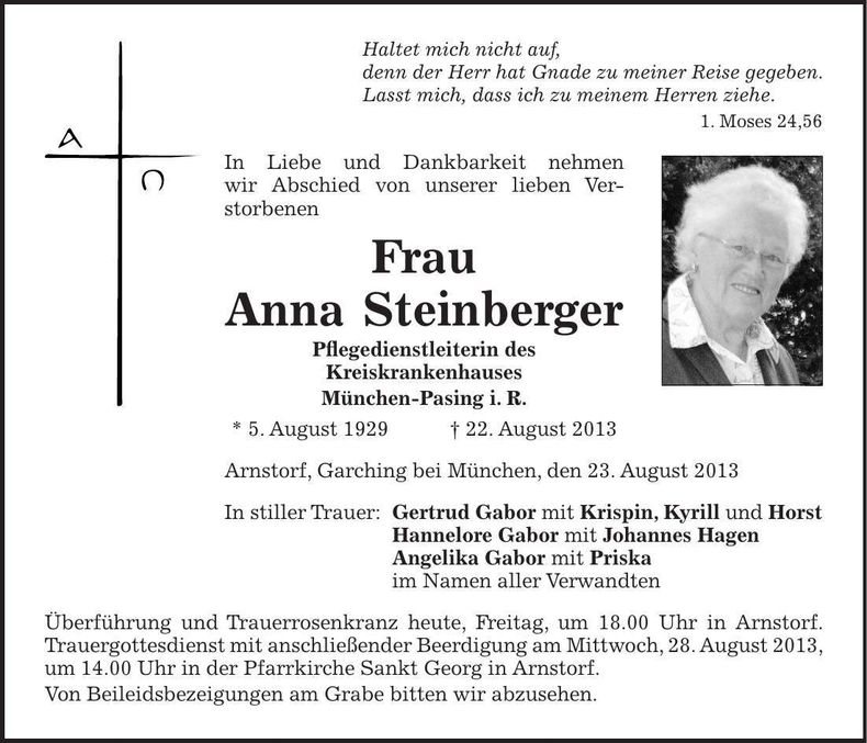 Traueranzeige Anna Steinberger