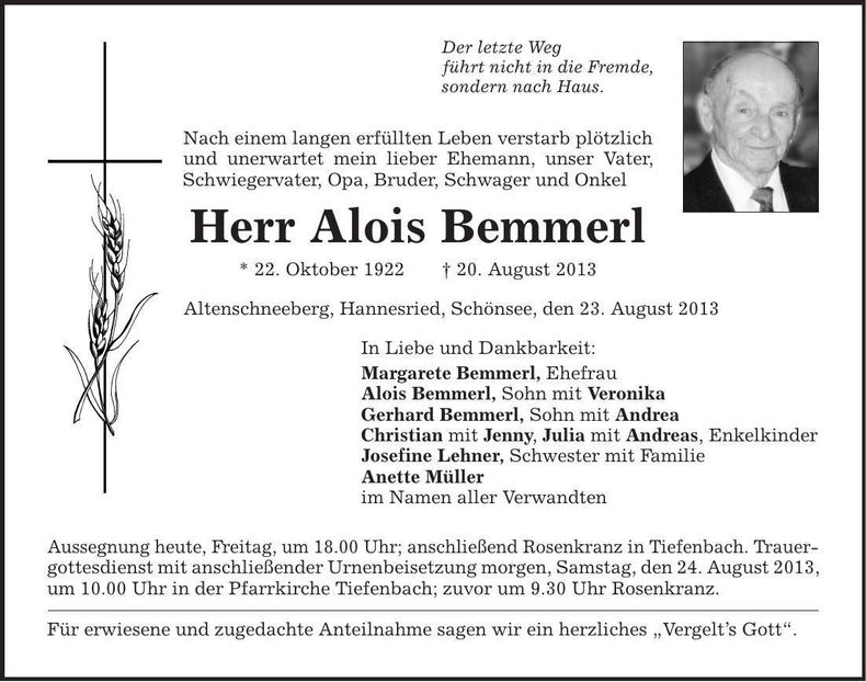 Traueranzeige Alois Bemmerl