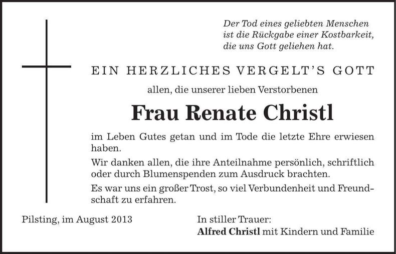 Traueranzeige Renate Christl