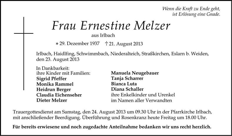 Traueranzeige Ernestine Melzer