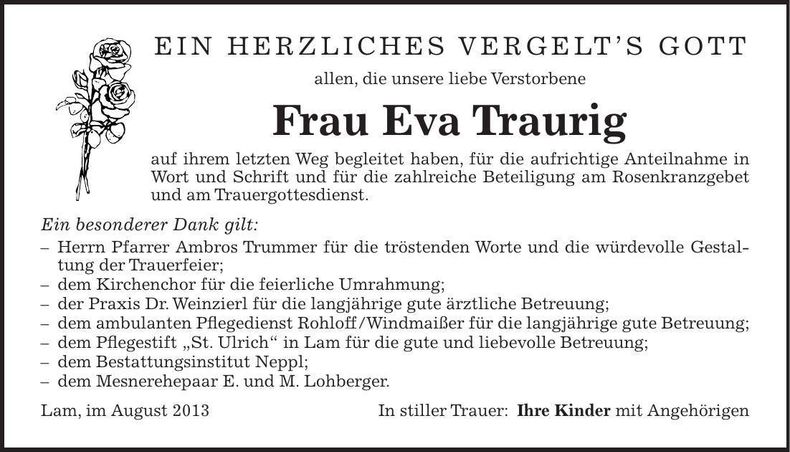 Traueranzeige Eva Traurig