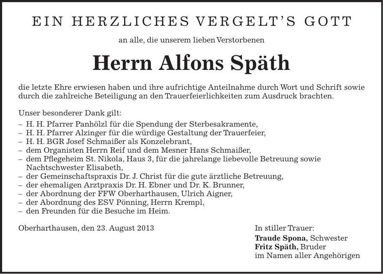Traueranzeige Alfons Späth