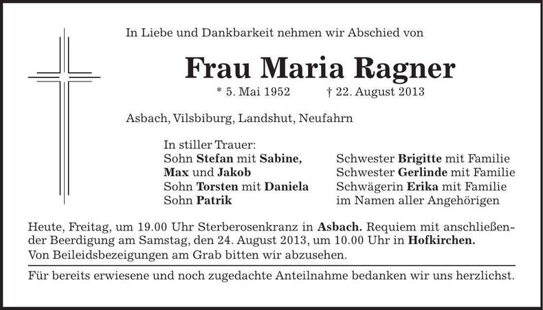 Traueranzeige Maria Ragner