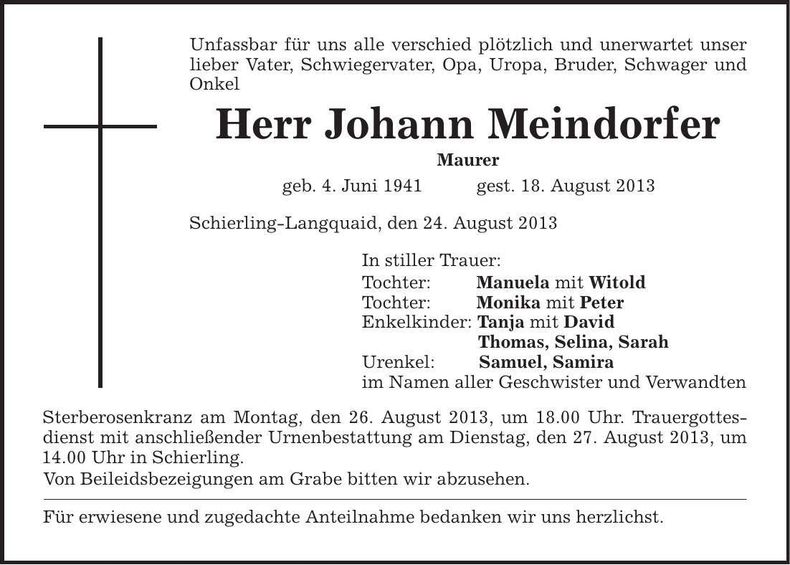 Traueranzeige Johann Meindorfer