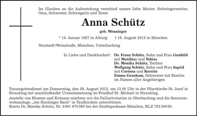 Traueranzeige Anna Schütz