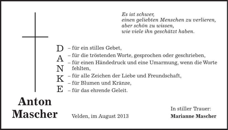 Traueranzeige Anton Mascher