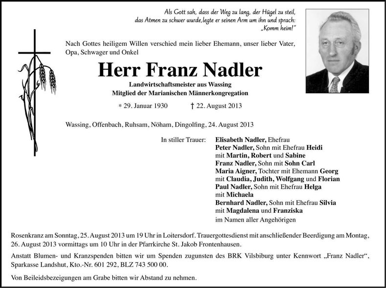 Traueranzeige Franz Nadler