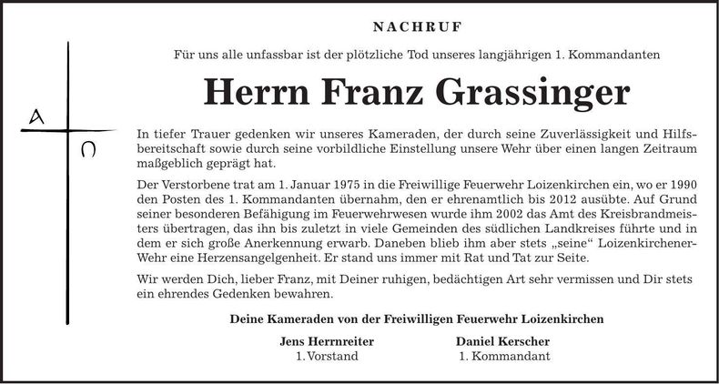 Traueranzeige Franz Grassinger
