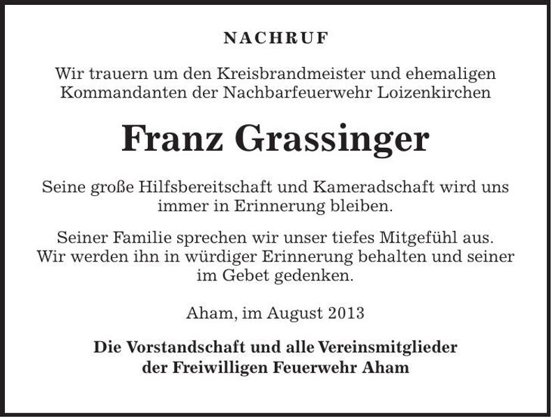 Traueranzeige Franz Grassinger