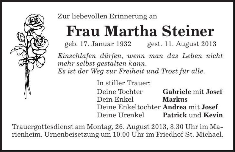 Traueranzeige Martha Steiner