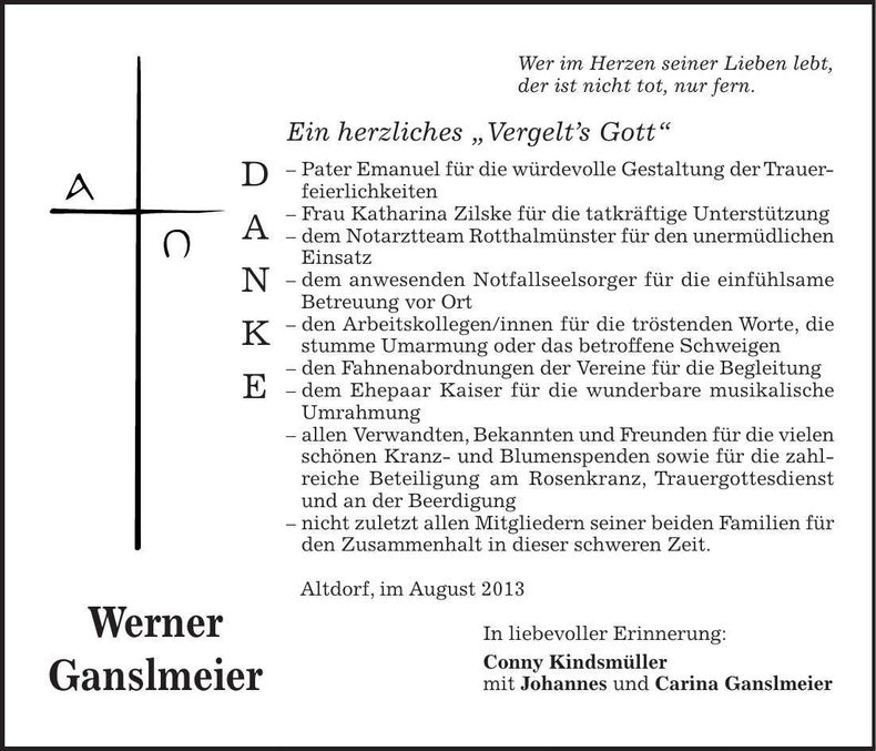 Traueranzeige Werner Ganslmeier