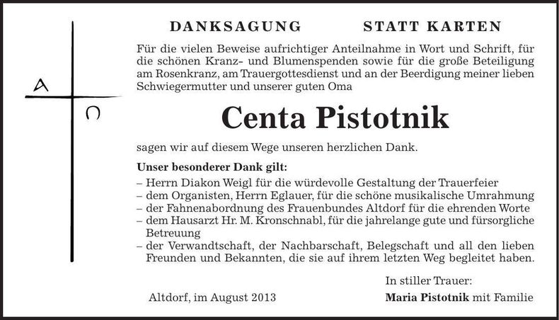 Traueranzeige Centa Pistotnik