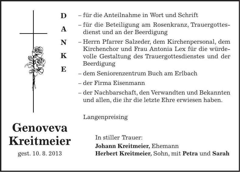 Traueranzeige Genoveva Kreitmeier