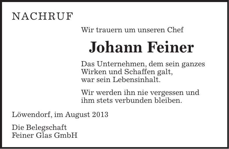 Traueranzeige Johann Feiner