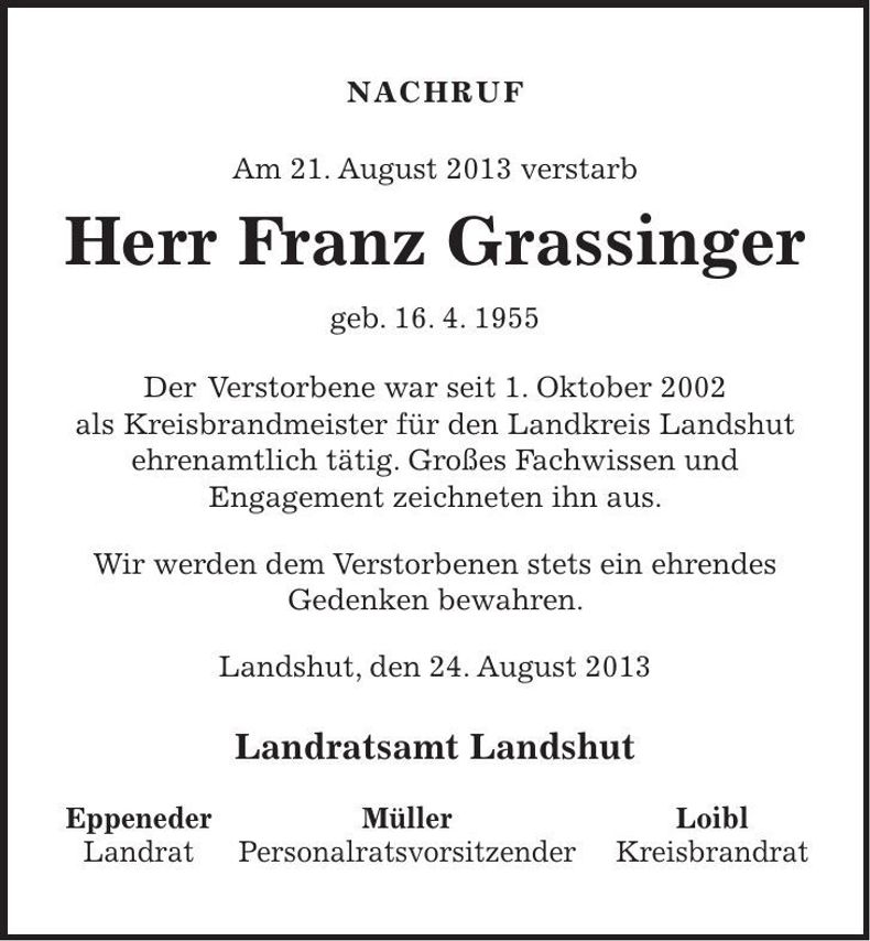 Traueranzeige Franz Grassinger