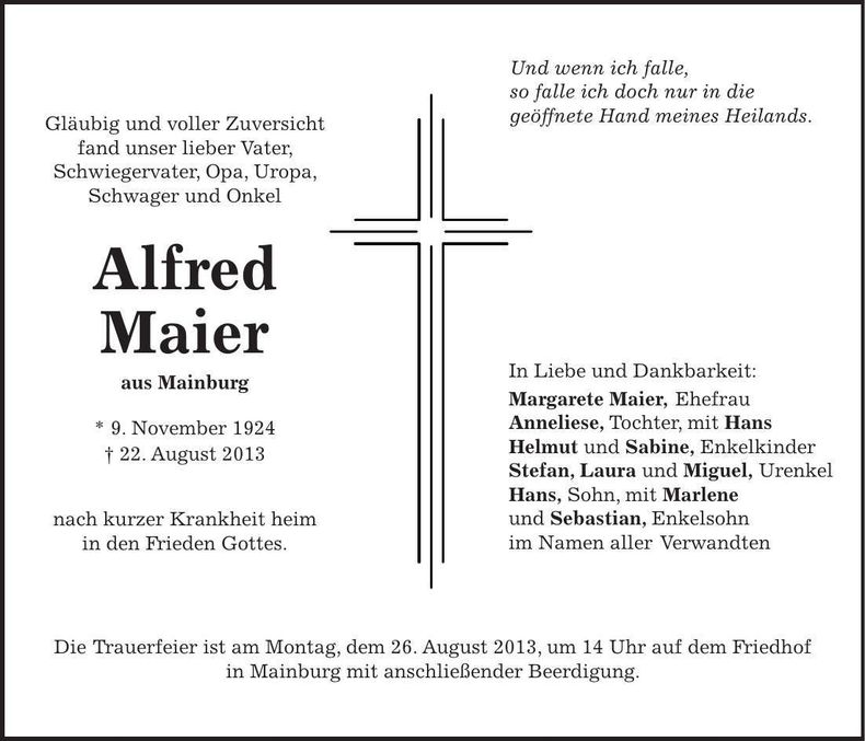 Traueranzeige Alfred Maier