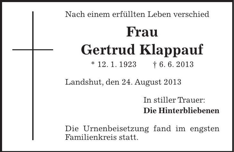 Traueranzeige Gertrud Klappauf