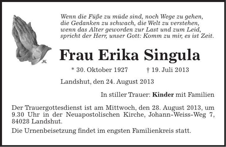 Traueranzeige Erika Singula