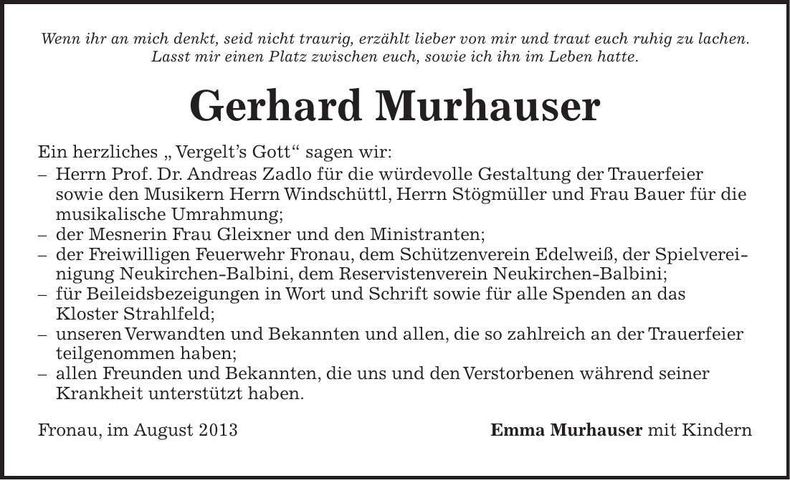 Traueranzeige Gerhard Murhauser