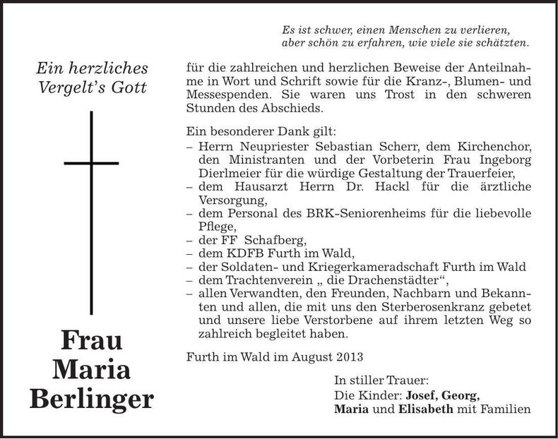 Traueranzeige Maria Berlinger