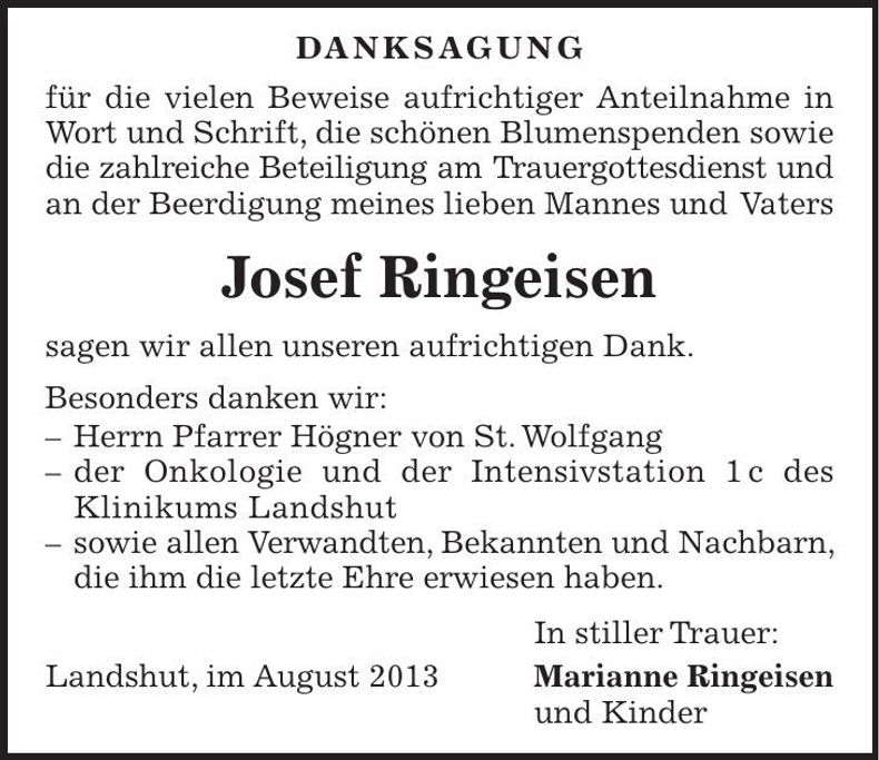 Traueranzeige Josef Ringeisen