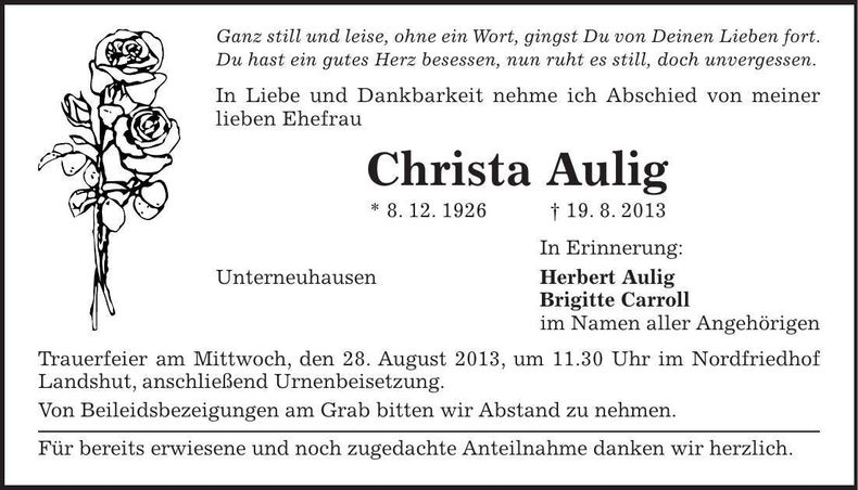 Traueranzeige Christa Aulig