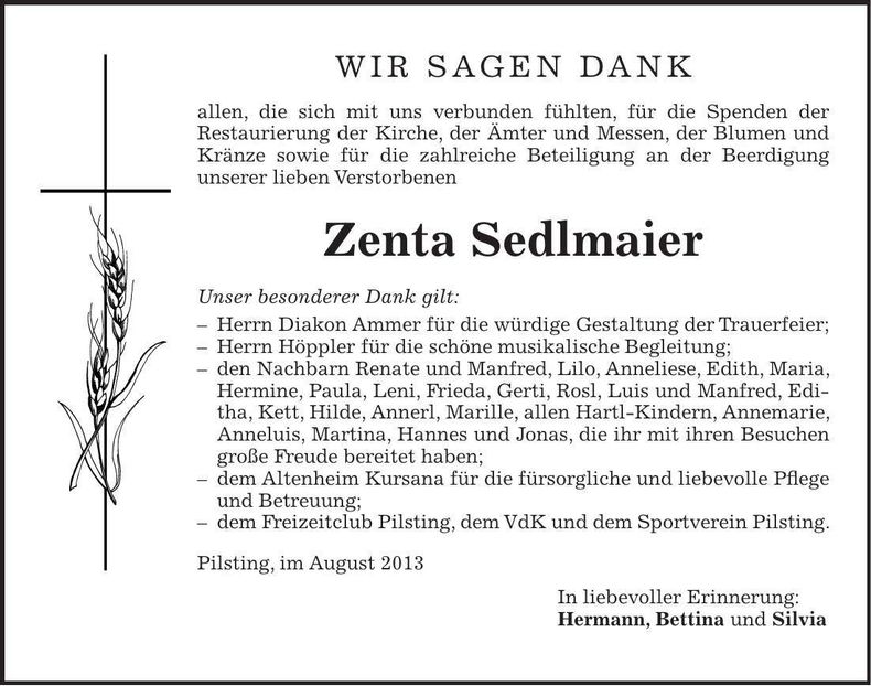 Traueranzeige Zenta Sedlmaier