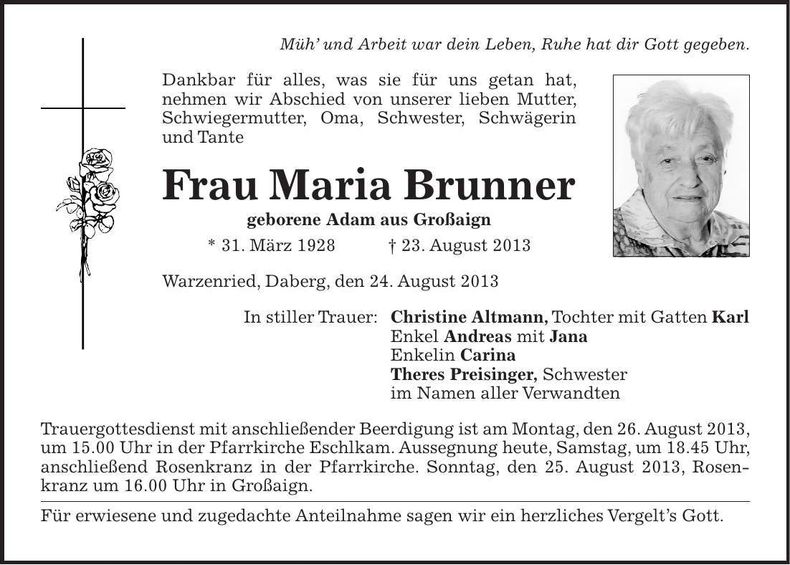 Traueranzeige Maria Brunner