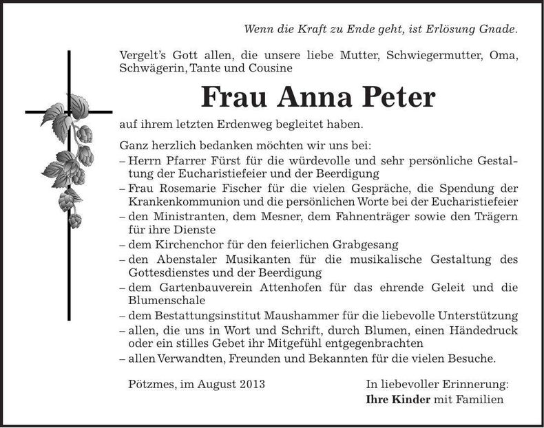 Traueranzeige Anna Peter