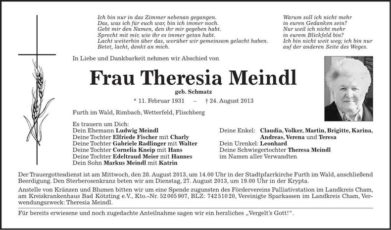 Traueranzeige Theresia Meindl
