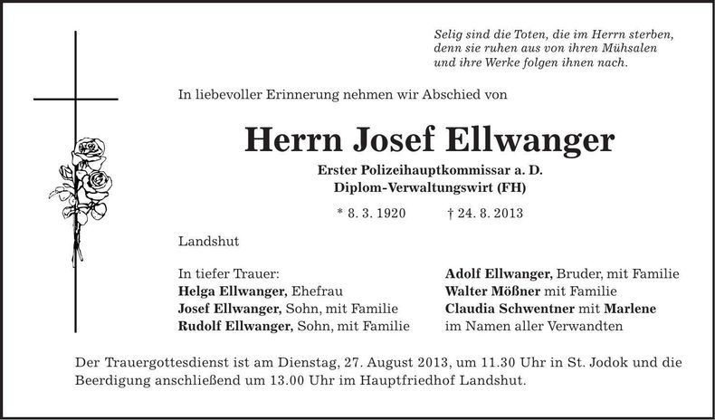 Traueranzeige Josef Ellwanger