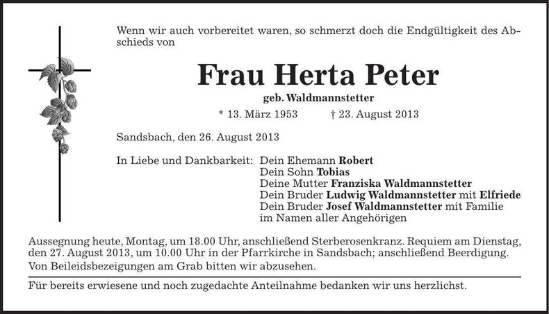 Traueranzeige Herta Peter