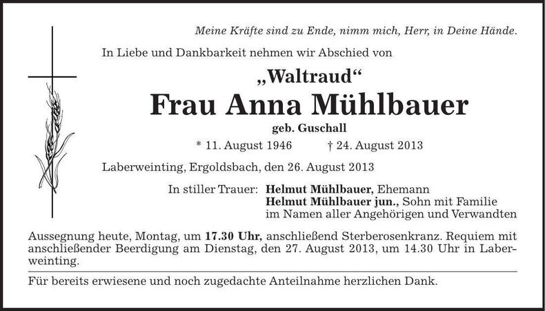 Traueranzeige Anna Mühlbauer
